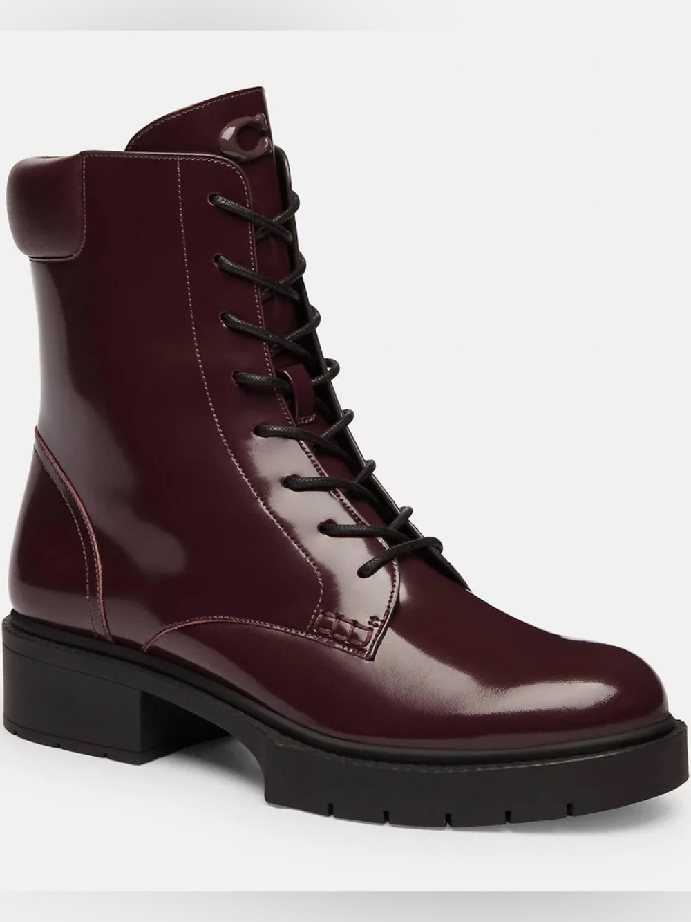 NWOT! Coach Leighton Maroon Patent Leather Lace Up Combat Boots Size 6.5